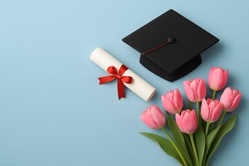 Graduation cap with red tassel, diploma scroll and bouquet of pink tulips on pastel background symbolizing academic achievement and celebration