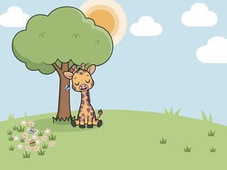 Fototapeta premium A cute cartoon baby giraffe sleeping peacefully under a tree on a grassy hill. This simple vector illustration with ample copy space. Perfect for nursery art, backgrounds, or children's themes.