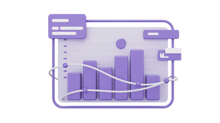 A modern 3D data analytics dashboard featuring purple bar charts, a line graph, and UI components for business intelligence visualization. background removed