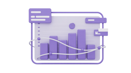 A modern 3D data analytics dashboard featuring purple bar charts, a line graph, and UI components for business intelligence visualization. background removed