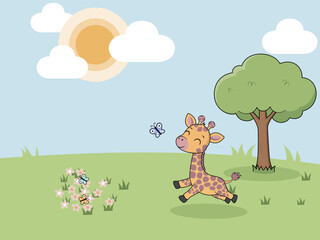 A cute cartoon baby giraffe running happily in a grassy field towards butterflies. This simple vector illustration with ample copy space. Perfect for children's books, backgrounds or nursery art.