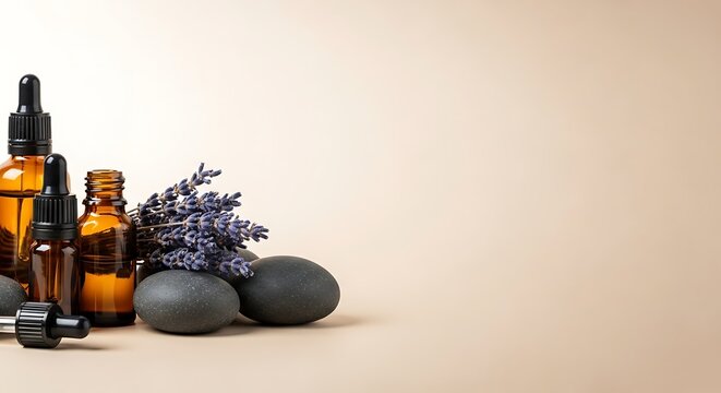Elegant lavender aromatherapy spa scene with essential oils and hot stones for luxurious wellness products and calming relaxation concepts, soothing neutral tones