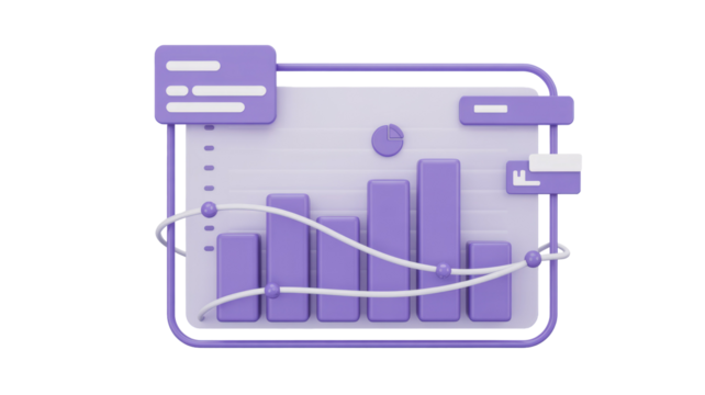 A modern 3D data analytics dashboard featuring purple bar charts, a line graph, and UI components for business intelligence visualization. background removed