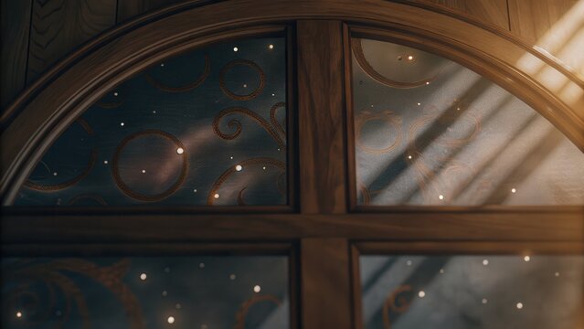 Elegant window with ornate design reflecting starlight, a warm cozy feeling of home, an invitation to a peaceful night, perfect for upscale design projects