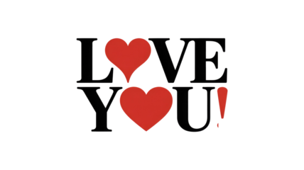 Stylized 'LOVE YOU!' message with red hearts replacing the 'O's, set against a dark transparent background, expressing affection. background removed