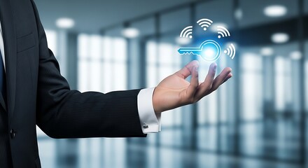 Businessman holding glowing digital key with wifi symbols in modern office hand