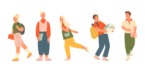 Students, girls, and guys with books are going to university