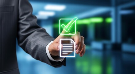 Businessman touches glowing green checkmark and document icons on screen hand touching