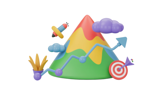 3D vibrant icon illustrating business growth, financial success, and achieving goals with a data trend line and target. background removed