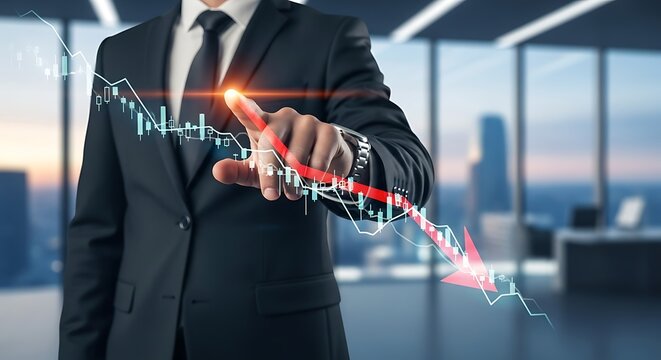 Businessman points to falling stock market graph in office setting falling graph finance