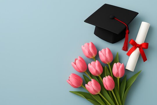 Graduation cap with red tassel, diploma scroll and bouquet of pink tulips on pastel background symbolizing academic achievement and celebration