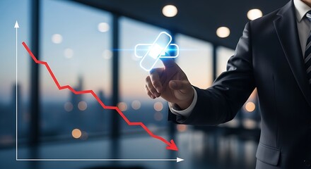 Businessman touching glowing medical cross icon with falling red graph hand