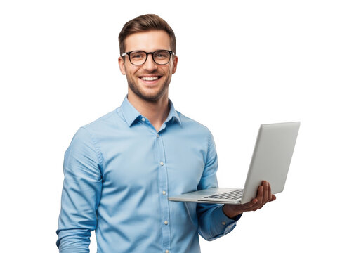 Smiling young man wearing glasses and blue shirt holding a silver laptop computer isolated on transparent background