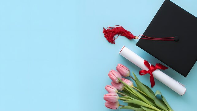 Graduation cap with red tassel, diploma scroll and bouquet of pink tulips on pastel background symbolizing academic achievement and celebration