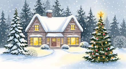 Fototapeta premium Cozy Snowy House With a Decorated Christmas Tree Outside.