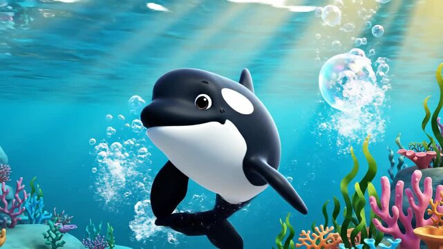 Animated orca swimming underwater with bubbles and coral
