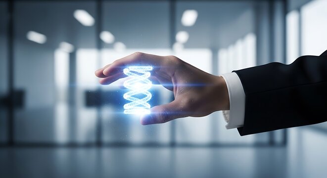 Hand holding glowing blue D N A helix in modern office background genetic science