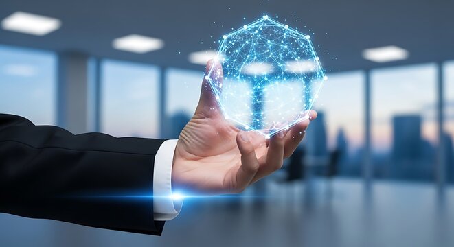 Hand holding glowing blue digital network sphere in modern office technology hologram - Powered by Adobe