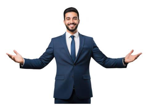 Confident young businessman in formal suit with open arms smiling in a professional studio setting, expressing friendliness and approachability, with