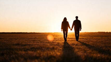 Couple walking hand in hand at sunset