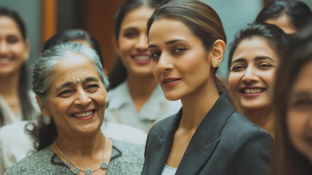 Indian businesswoman engages with female colleagues in a professional office setting during a collaborative meeting