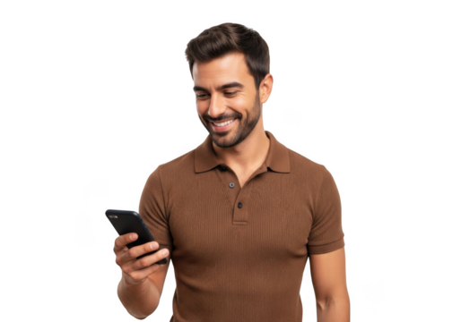 A smiling man with dark hair and a beard holds a smartphone and looks at its screen isolated on transparent background