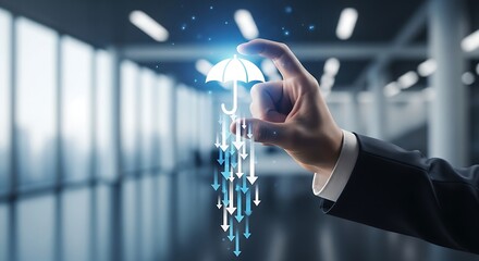 Hand holding white umbrella with blue arrows falling down in office business protection
