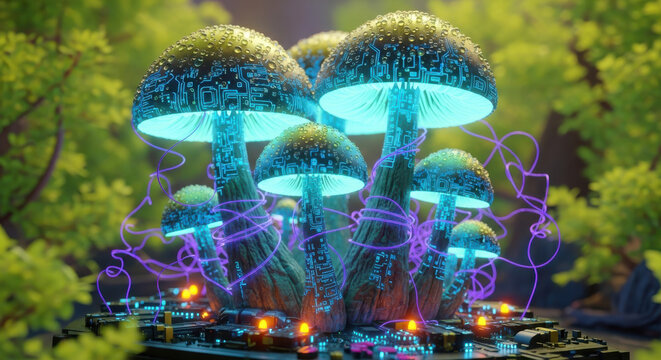Glowing mushrooms in a fantasy forest landscape scene
