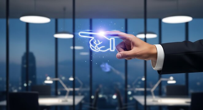 Hand touching glowing blue finger pointing icon in modern office at night image