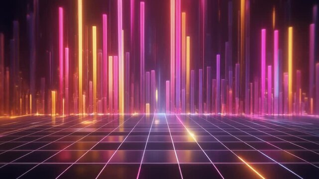 Neon Grid Floor with Vertical Glowing Bars in Pink Yellow and Blue Hues abstract background