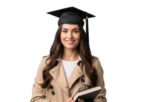 Smiling young woman wearing graduation cap and trench coat holding a book isolated on transparent background