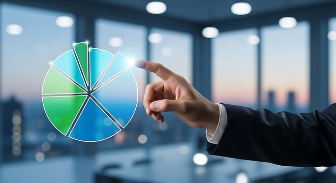 Hand touching glowing pie chart with blue and green segments in office data analysis