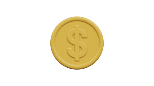 A 3D rendered golden coin featuring an embossed dollar sign, symbolizing currency, wealth, and financial value. background removed