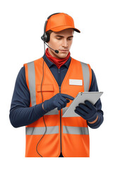 Fototapeta premium Uniformed delivery worker wearing an orange safety vest and cap using a tablet and headset, focused on work in outdoor setting, professional service