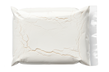 Creamy white soap bar in plastic wrapper for skincare or cosmetic products