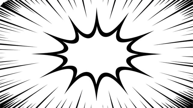 A vivid comic book style burst frame with a jagged central outline and radiating black speed lines against a dark green backdrop. background removed