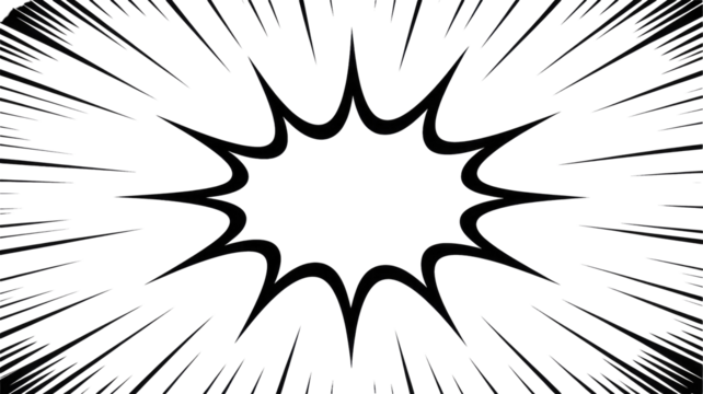 A vivid comic book style burst frame with a jagged central outline and radiating black speed lines against a dark green backdrop. background removed