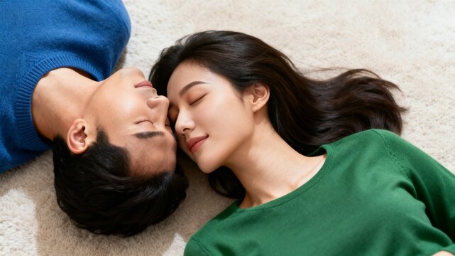 Couple resting together on carpet