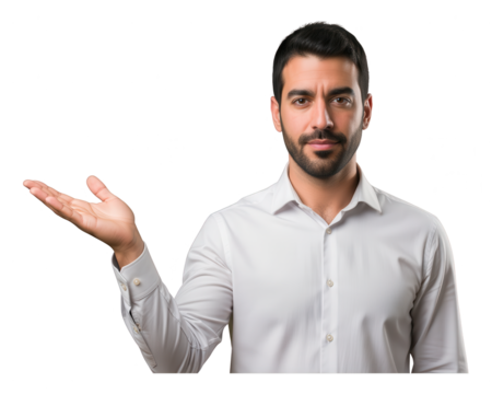 Serious Man Presenting or Holding Invisible Product with Open Hand Palm Up, Display and Offer Concept Isolated on White