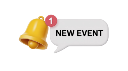 3D golden bell with red notification and a 'NEW EVENT' speech bubble, signifying an important alert or upcoming occasion. background removed
