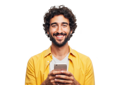 Smiling man with curly hair and beard holding a smartphone in his hands looking directly at the camera isolated on transparent background
