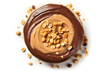 Delicious chocolate and peanut butter swirl topped with peanuts on white background