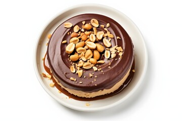Decadent chocolate peanut butter cake topped with nuts