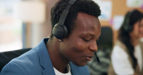 Happy, agent and man with headset, coworking and humor for joke, communication and customer service. Laughing, consultant and people with mic for discussion, problem solving or inquiry in call center - Powered by Adobe