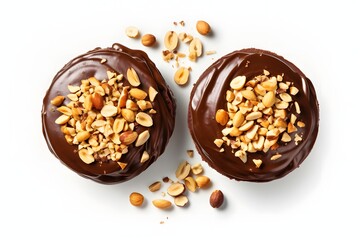 Two chocolate covered cookies with chopped peanuts on a white background