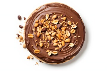 Delicious chocolate cake topped with crunchy peanuts and hazelnuts