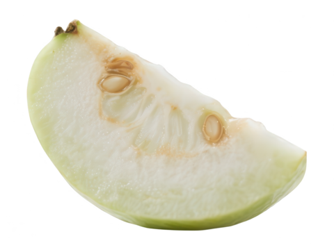 Close-up of a fresh green apple slice showing white flesh and seeds, isolated on a white background for healthy food and fruit consumption themes