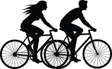 Fototapeta premium Silhouette, bicycle, couple, cycling, outdoor, motion, sport, fitness, travel, friendship, leisure, ride, sunset, freedom, lifestyle, exercise, teamwork, adventure, healthy, companionship