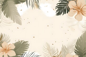 Soft tropical floral border with palm leaves and plumeria flowers