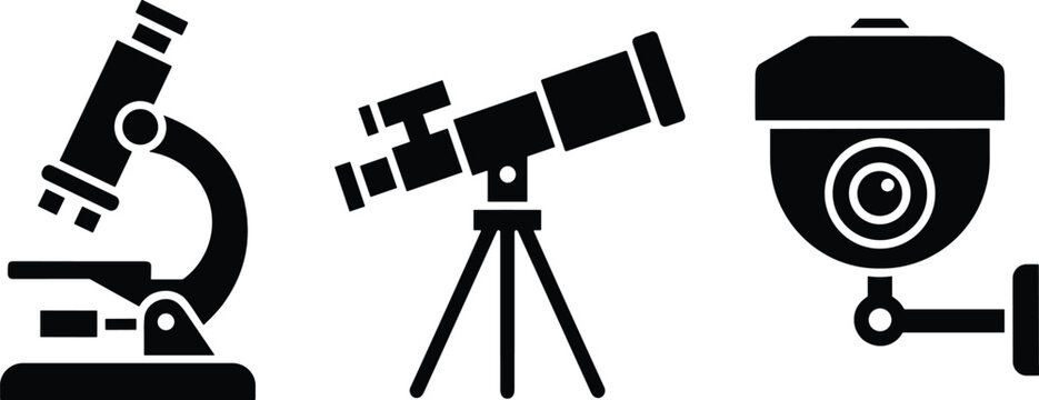 Silhouette, microscope, telescope, surveillance camera, optical instruments, science, astronomy, security, technology, lab, research, observation, equipment, lens, tripod, dome, eyepiece